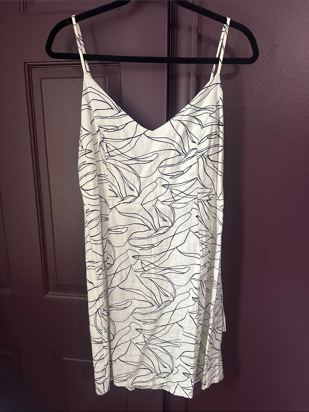 vestique White Linen Slip Dress with Black Leaf Line Print